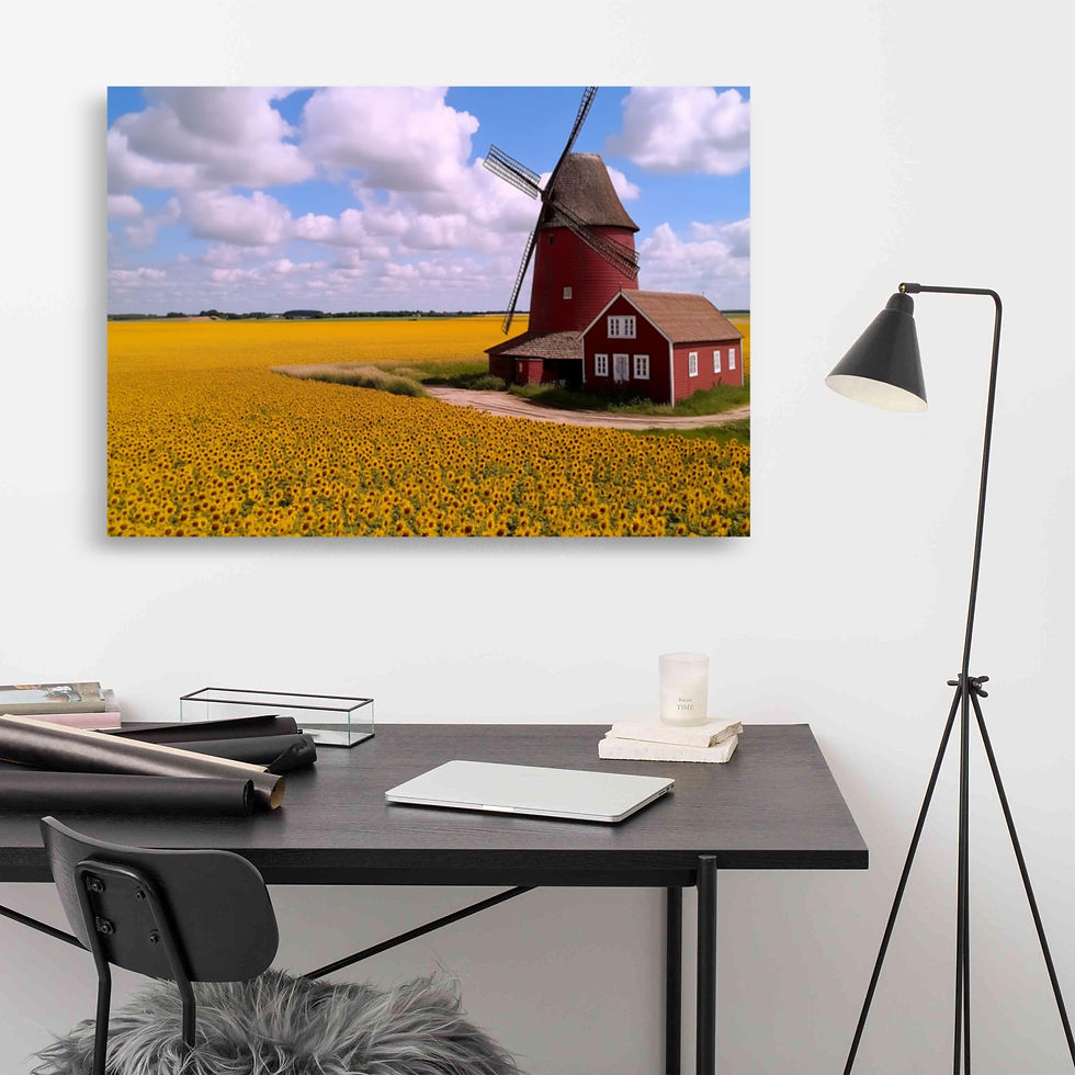 Thumbnail: Red windmill in a field of yellow flowers