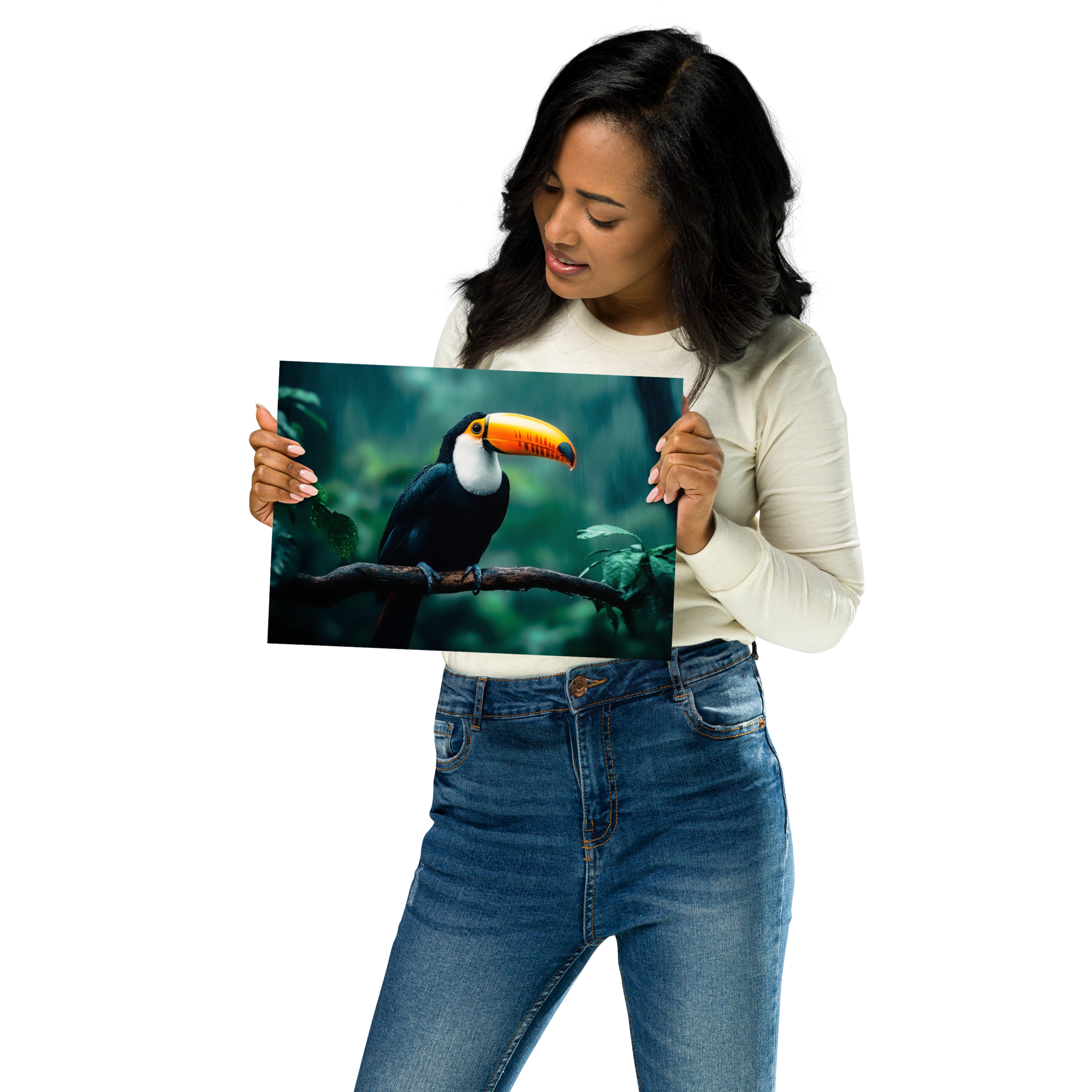 Woman holding a toucan print