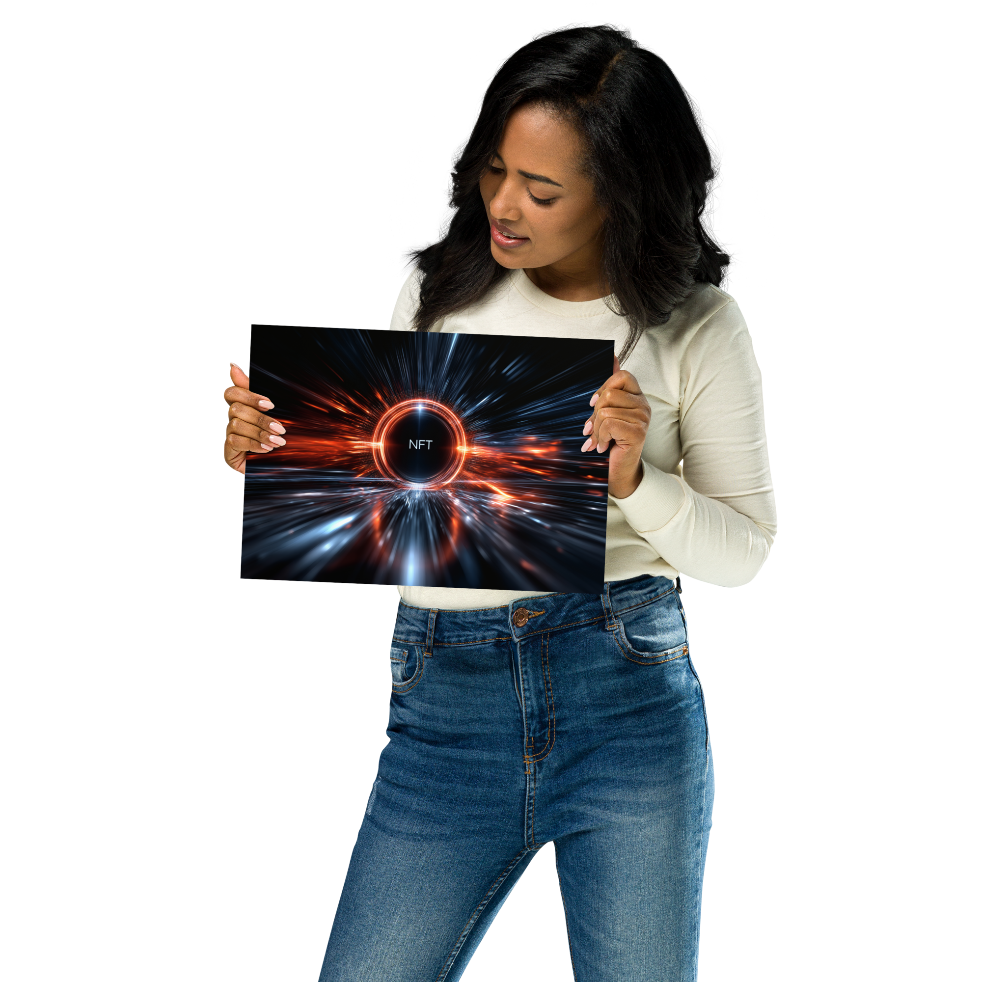 Woman holding a Dynamic Energy Streaks AI Art Poster from DesignByGade