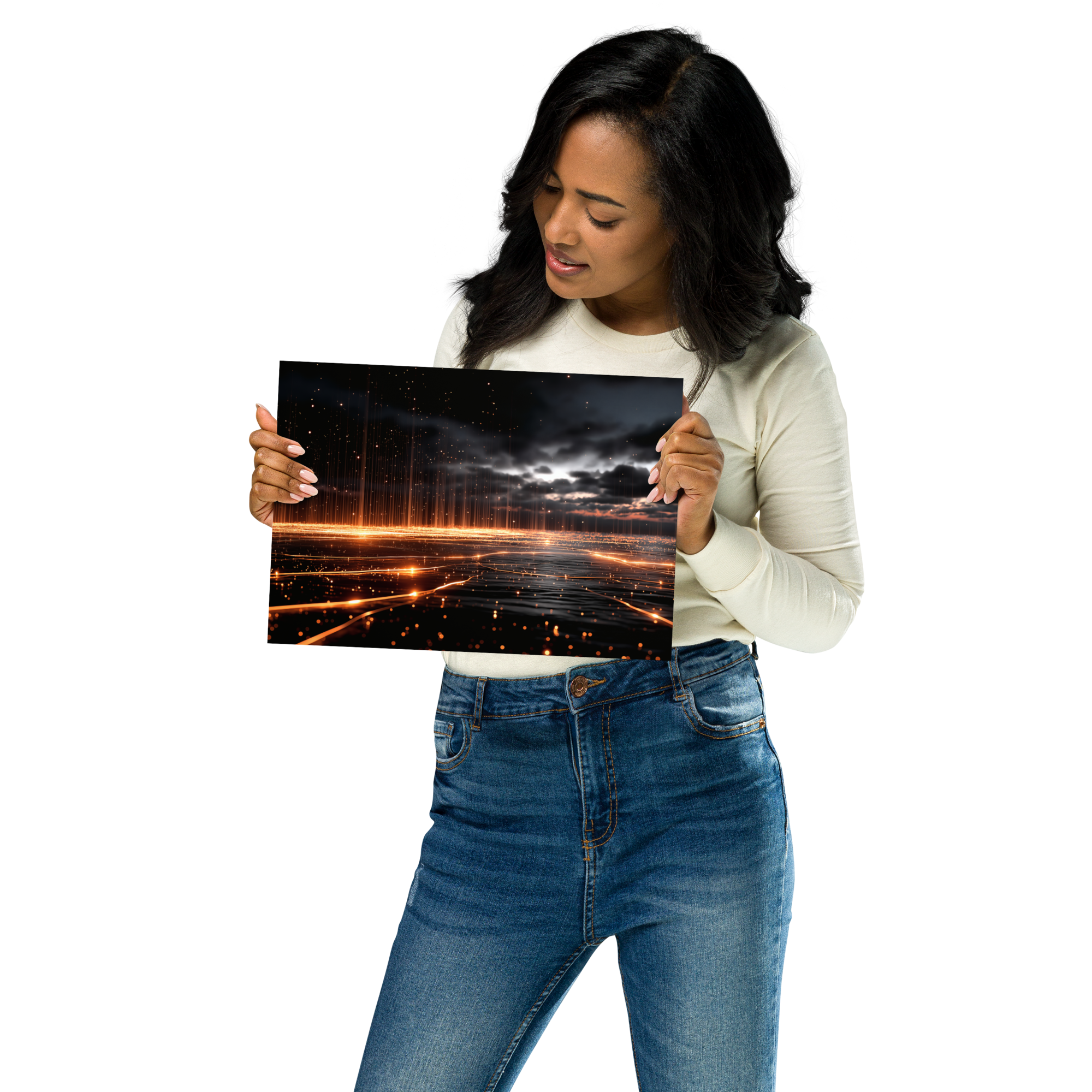Woman holding a Dynamic Energy Streaks AI Art Poster from DesignByGade