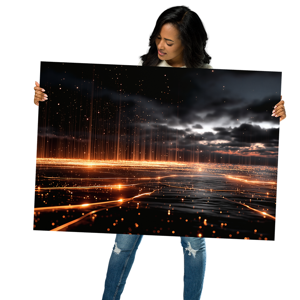Thumbnail: Woman holding Dynamic Energy Streaks AI Art Poster from DesignByGade