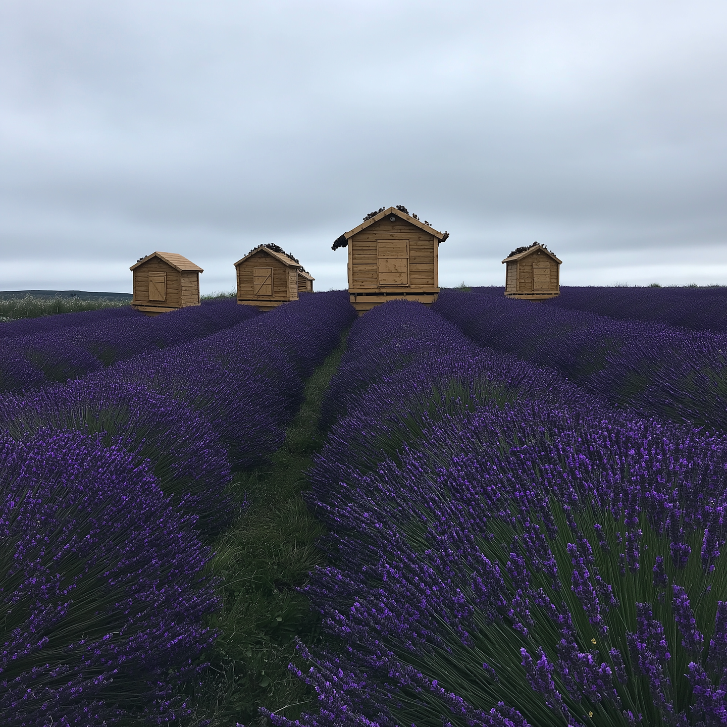Lavender field in full bloom with small wooden structures, set against a gray sky, AI-generated rural landscape.