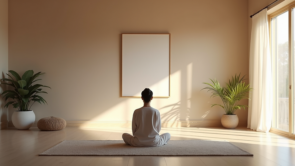 High angle view of a serene meditation space with AI art poster