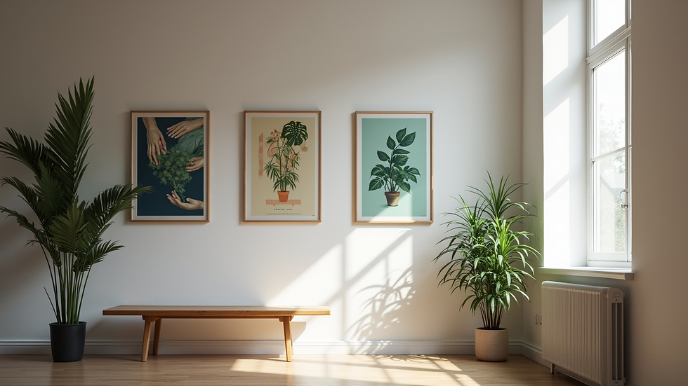 Eye-level view of an interior with various AI-generated art posters