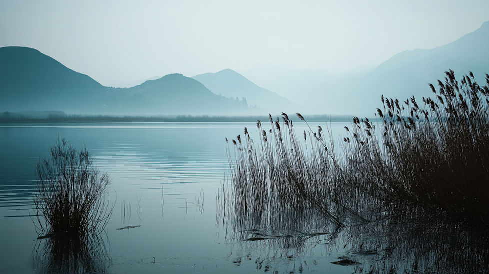 AI-generated image: Serene lake scene with tall reeds and hazy mountains under muted light.