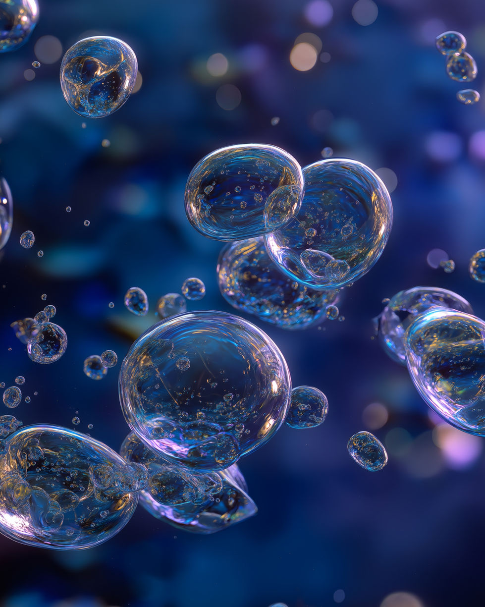 AI-generated art poster featuring translucent blue bubbles floating underwater with ethereal light and blurred background.