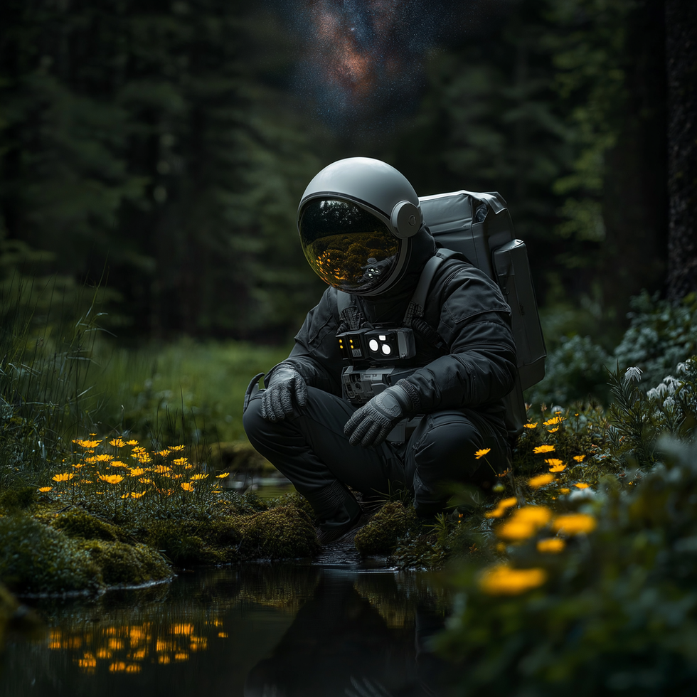Astronaut in full suit crouching by a pond in a wildflower-filled forest, reflecting on the cosmos in the dark water. AI-generated art blending space exploration with nature's tranquility.