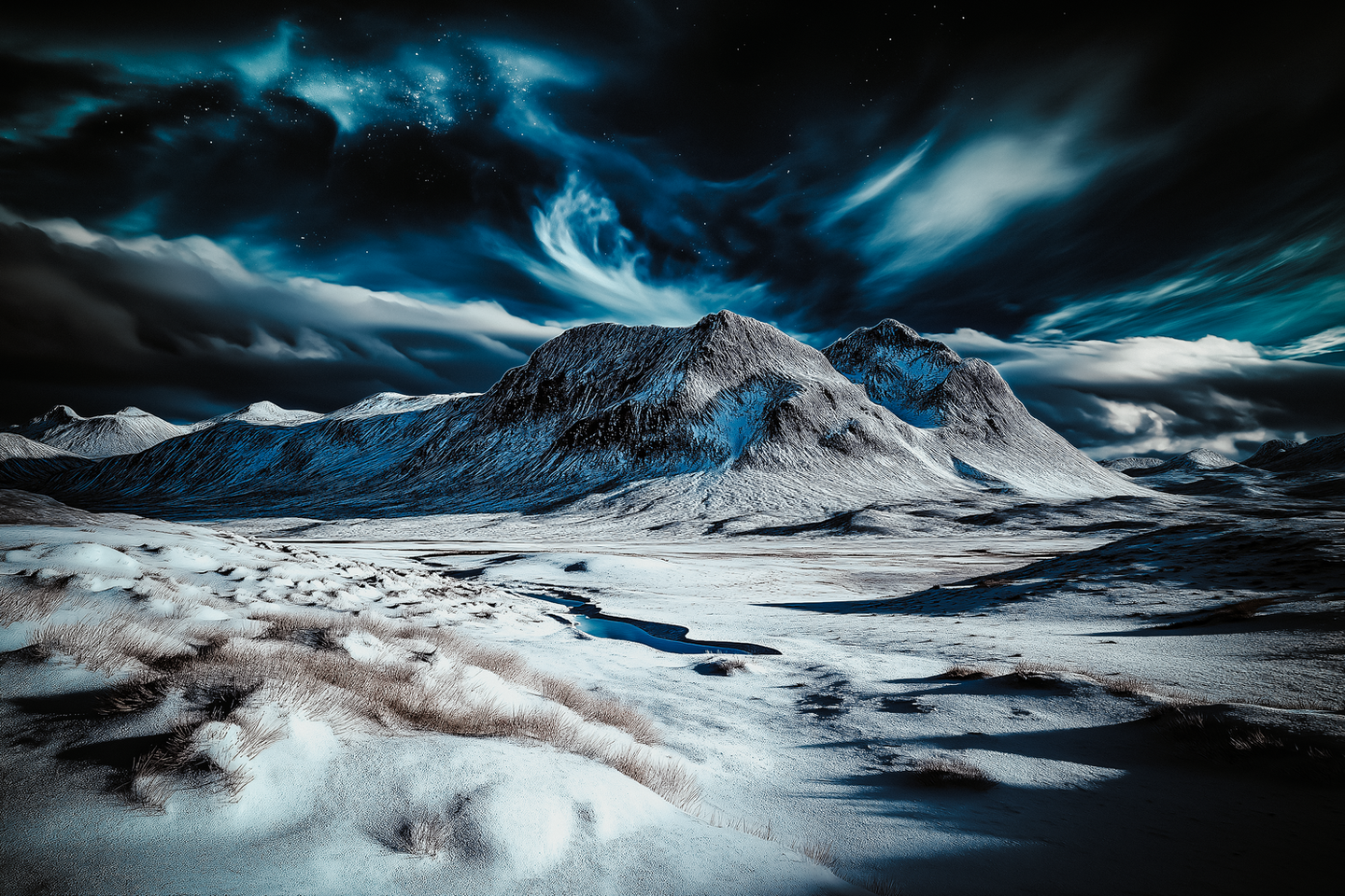 Serene mountain landscape with snow-covered peaks and ground, dramatic swirling clouds, and stars in the sky, AI-generated artwork.