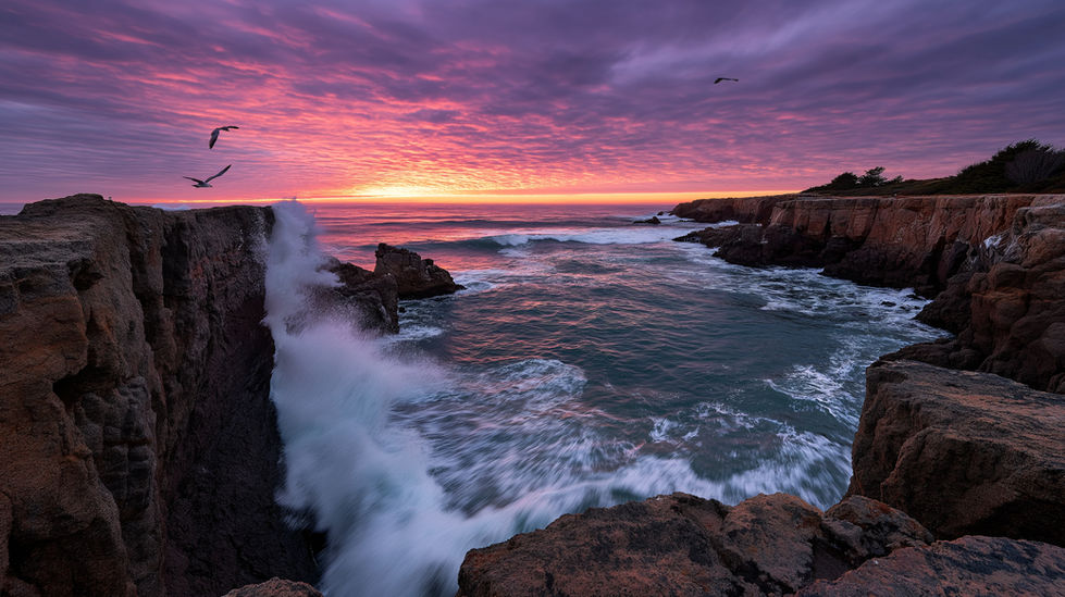 AI-generated image: Vibrant sunset over ocean, with waves crashing on rocky cliffs.