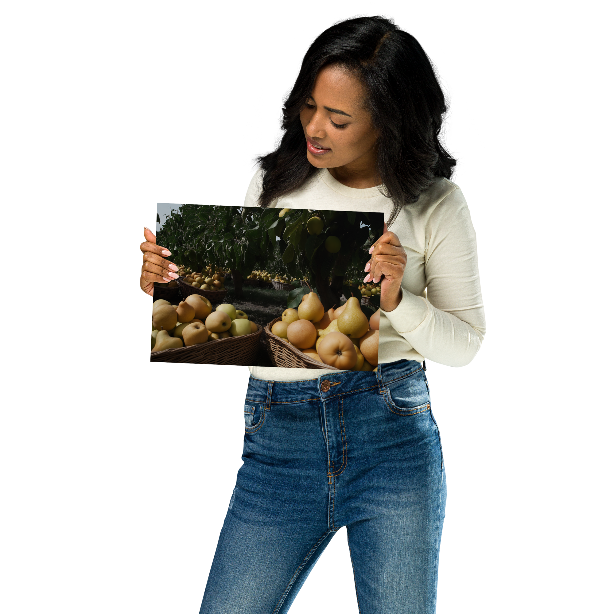 Woman holding Symmetrical Sand Dune Patterns – Geometric Desert AI Art Poster from DesignByGade