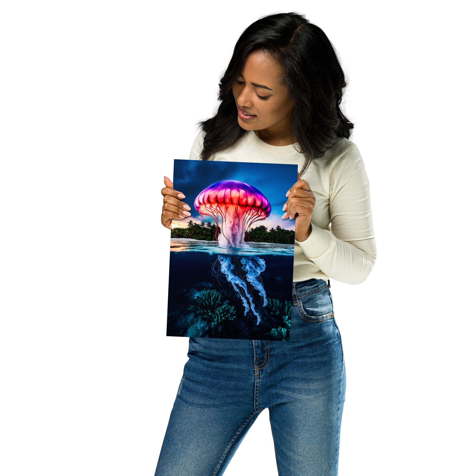 Woman holding a Majestic Cat AI Art Poster, DesignByGade