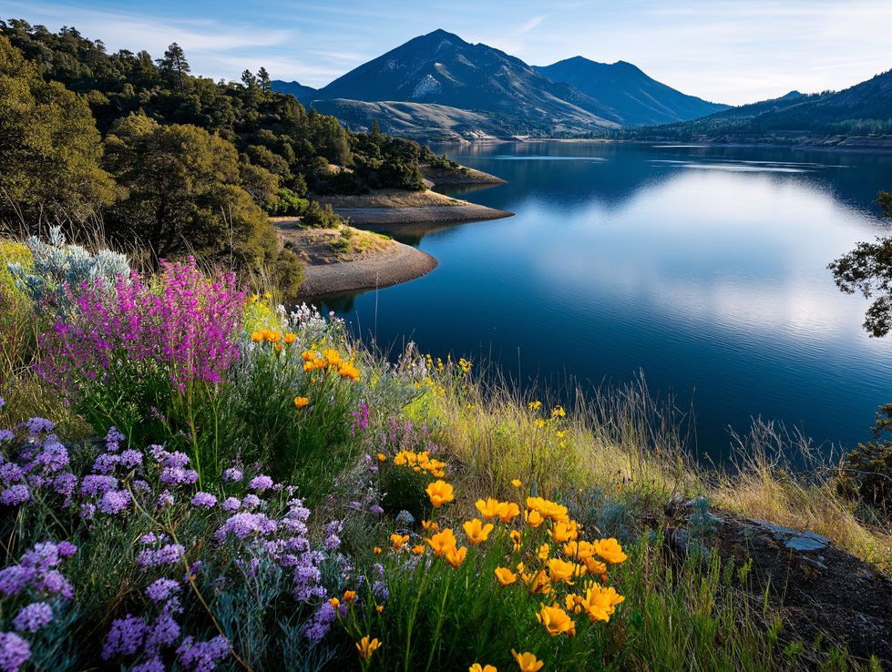 AI-generated image: Lush wildflowers on a hillside overlooking a serene lake and mountains.