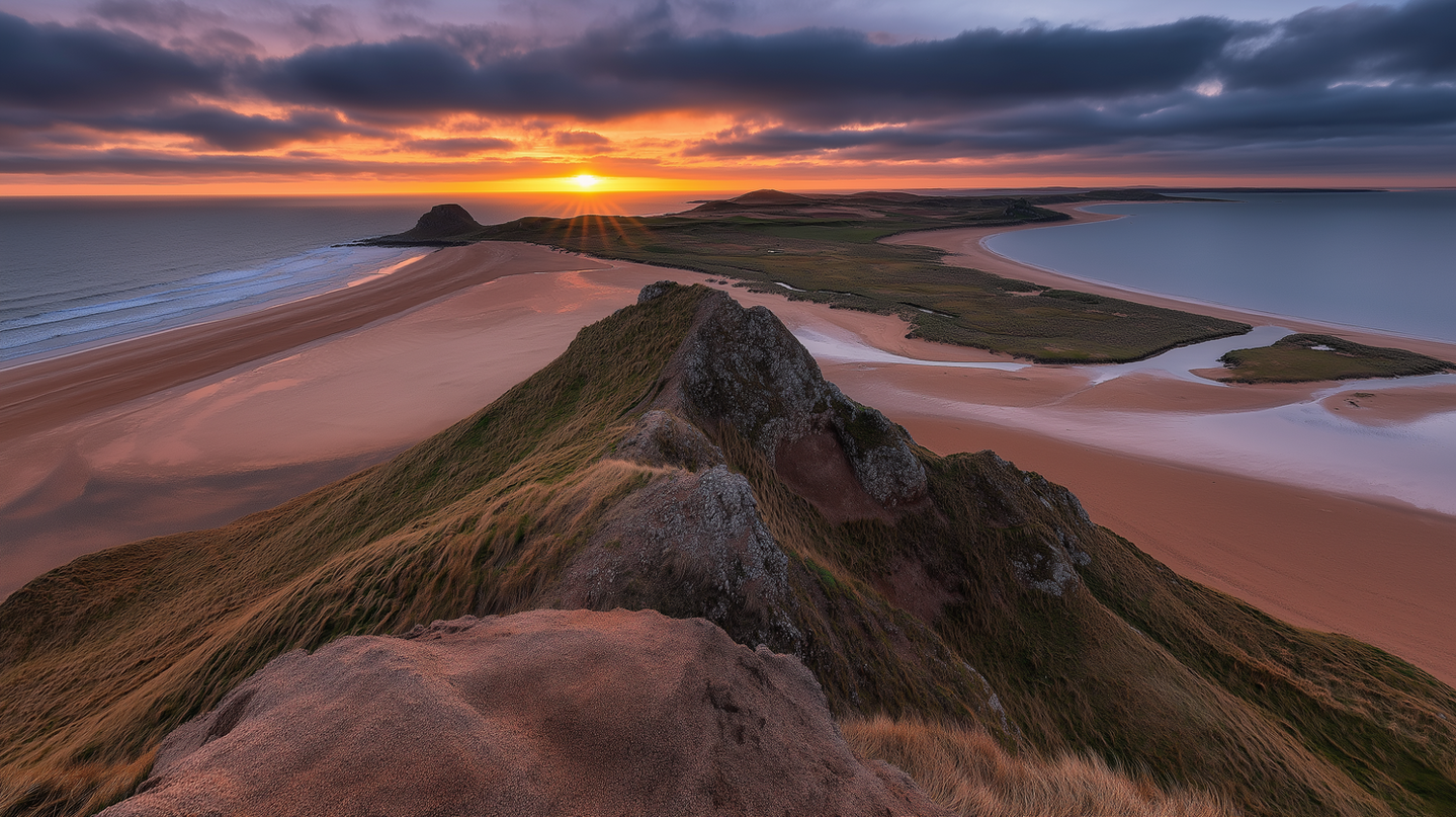 Panoramic view of a rugged peninsula with sandy beaches and serene ocean waters illuminated by sunrise, AI-generated artwork.