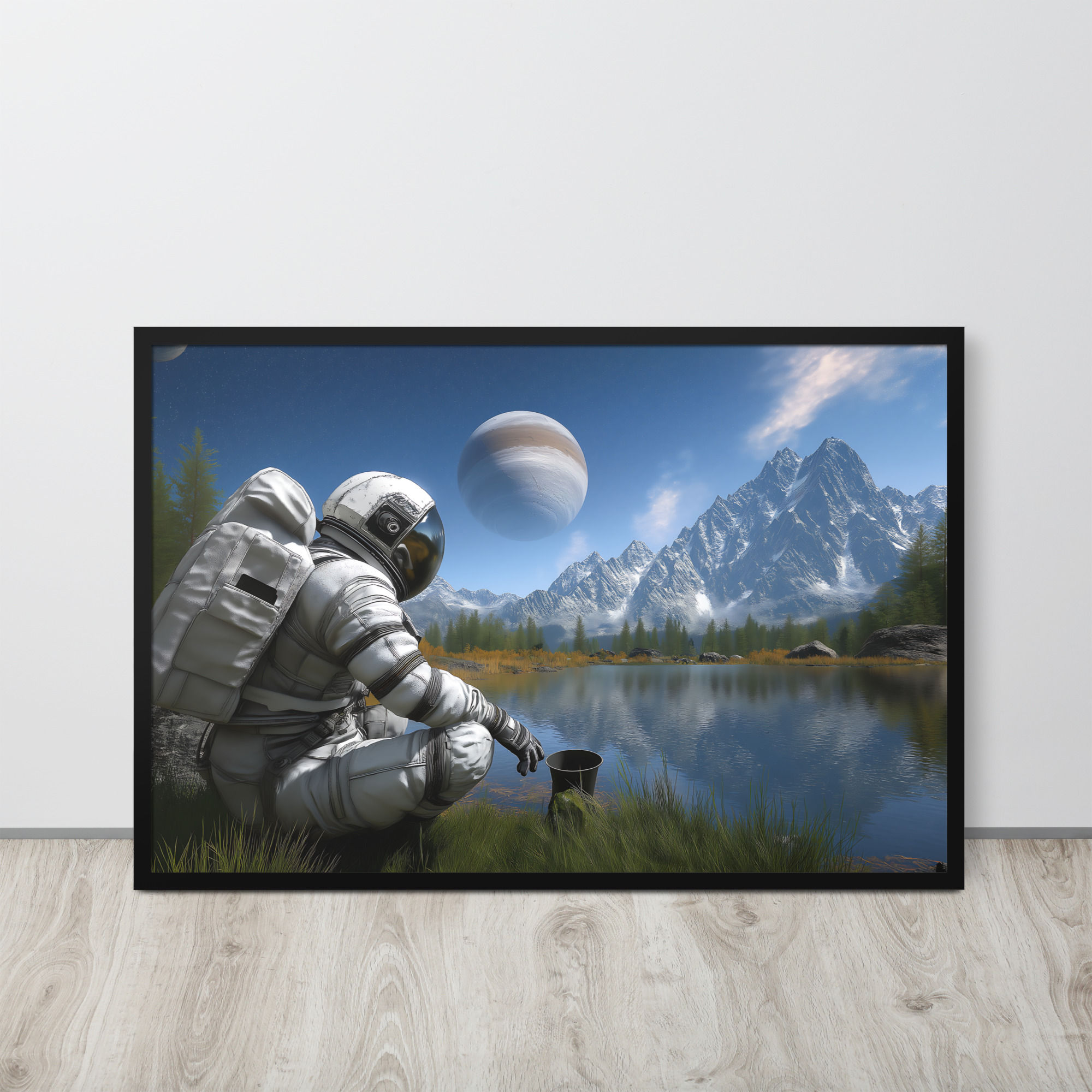 Lakeside Astronaut observing a planet, art by DesignByGade.