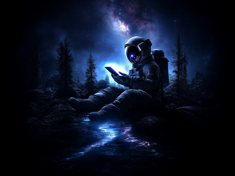 Astronaut relaxing near a stream in a forest, looking at a tablet under the Milky Way. AI-generated art combining technology, nature, and space.