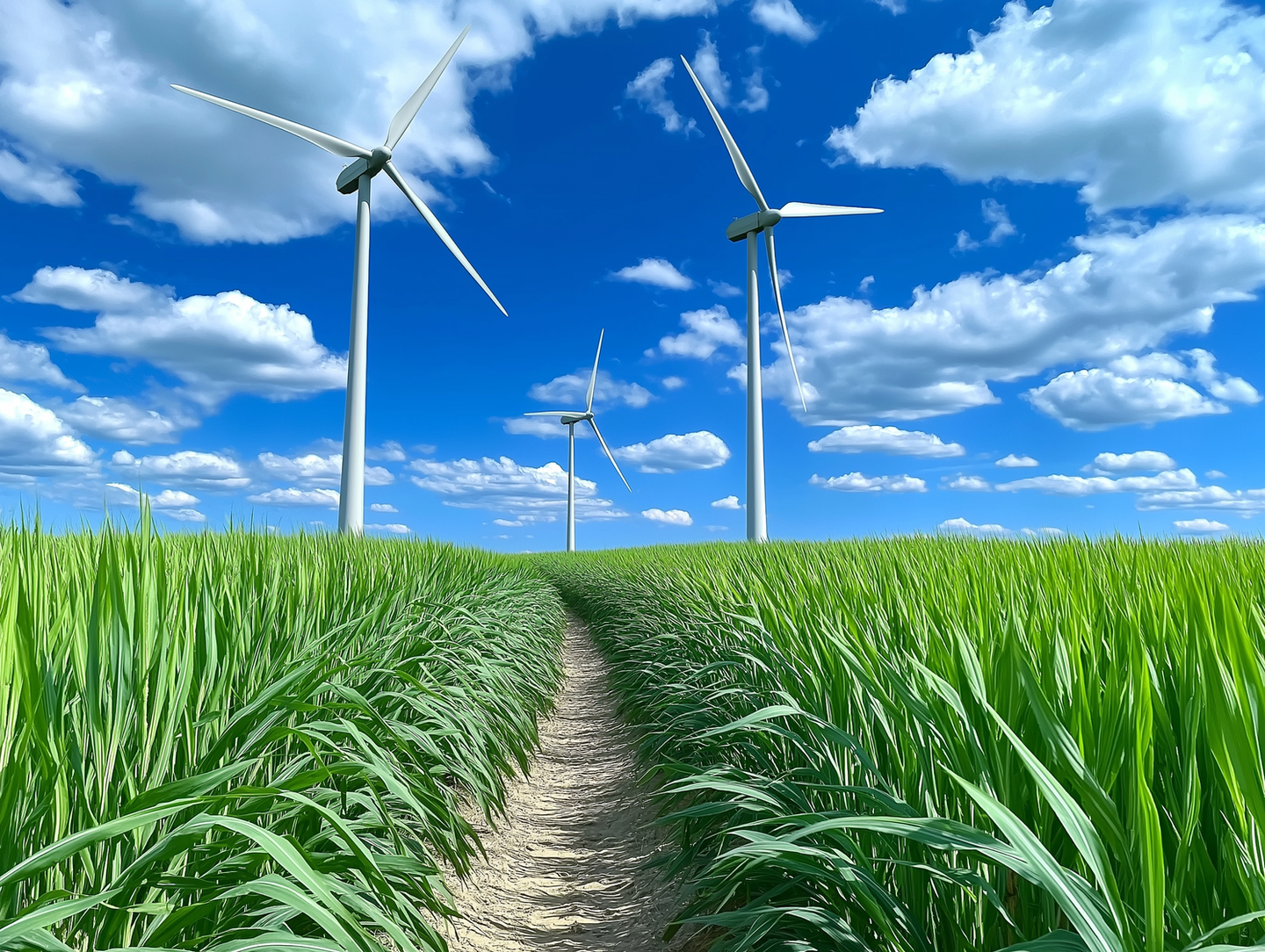 Tall wind turbines over a lush green field with a narrow path leading towards them under a bright blue sky with fluffy white clouds, AI-generated artwork.