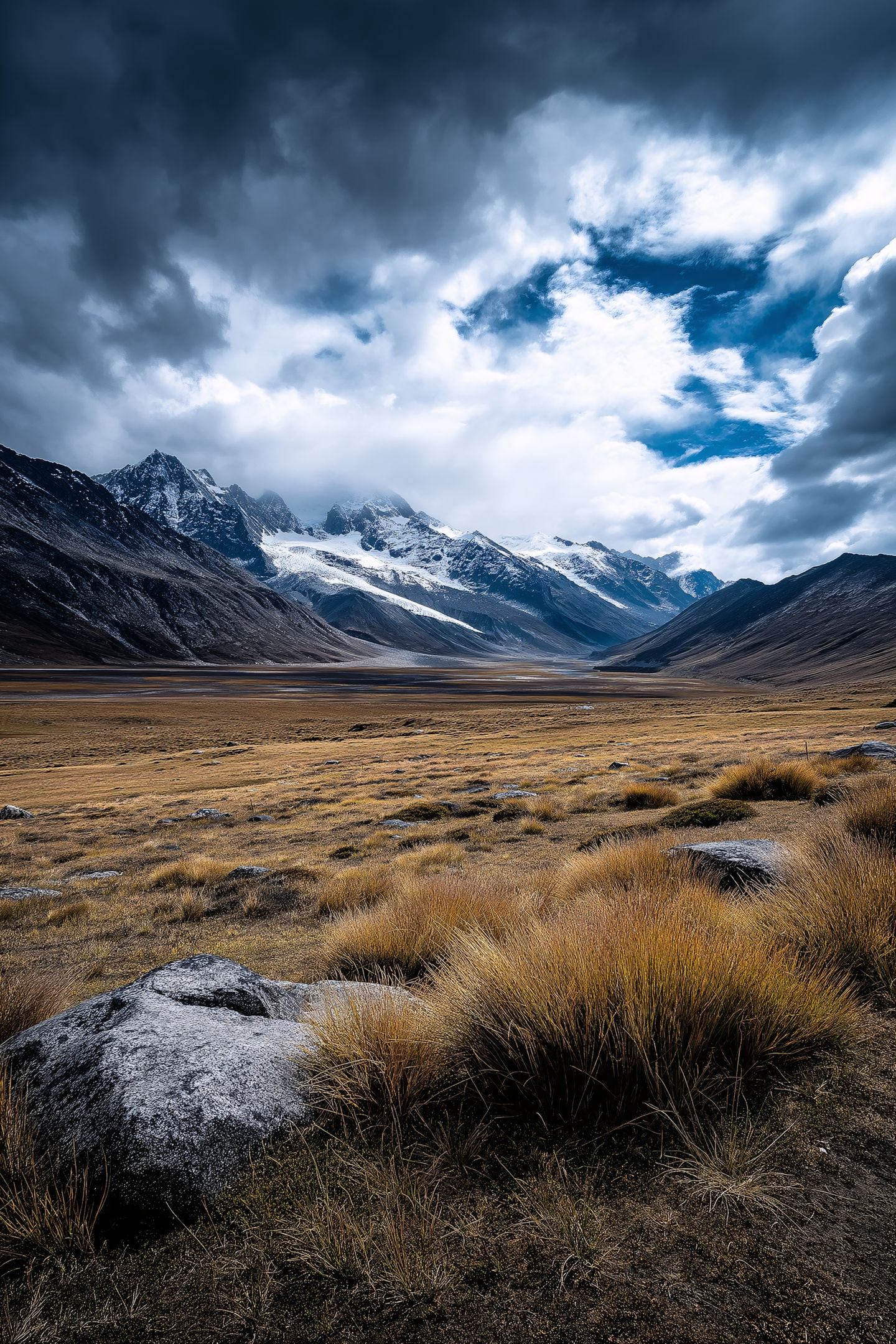 AI-generated image: Majestic landscape with snow-capped mountains, dramatic sky, and golden grassland with rocks.