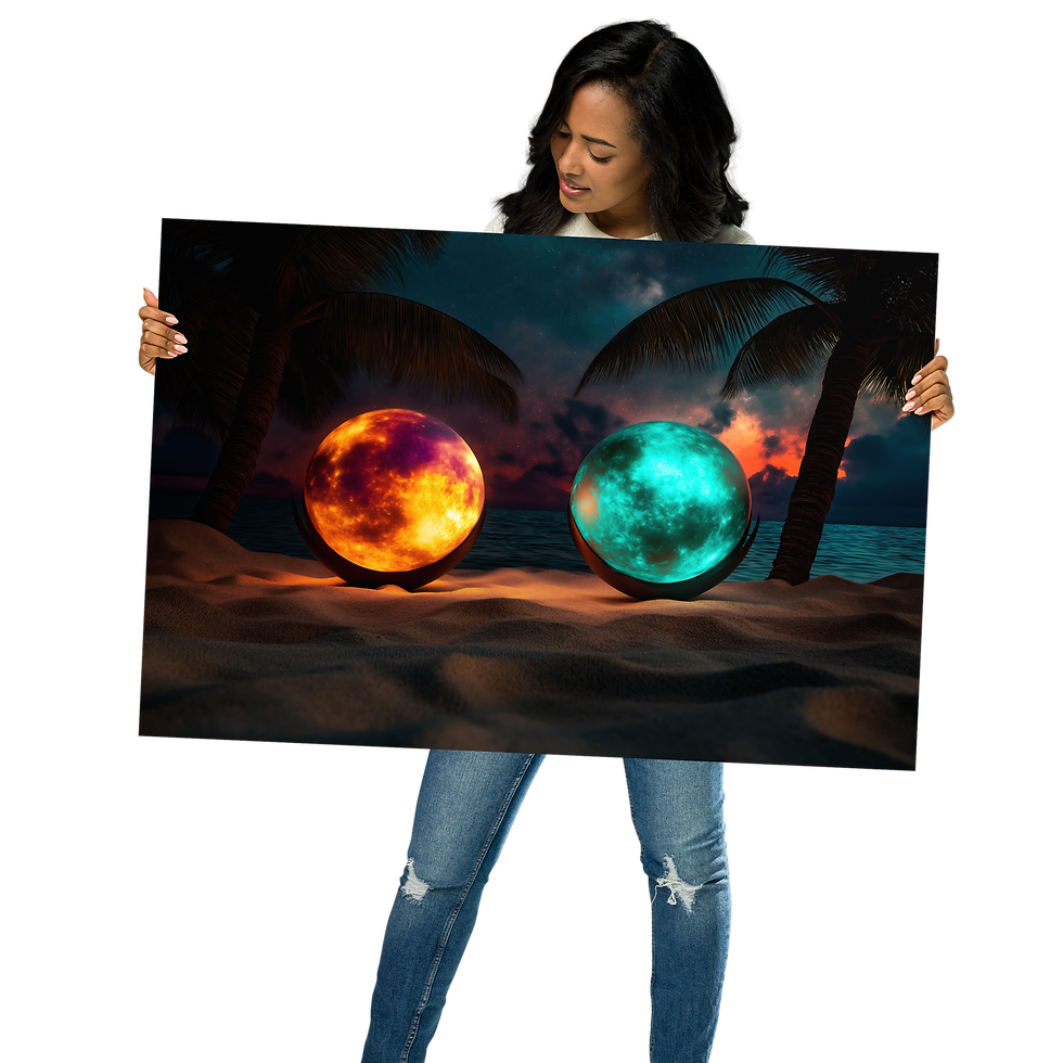 Thumbnail: Woman holding a framed Starry Silhouette – Night Sky Figure AI Art Poster by DesignByGade