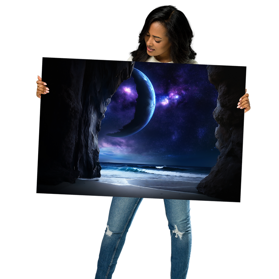 Thumbnail: Woman holding Planet Gazer AI art poster from DesignByGade