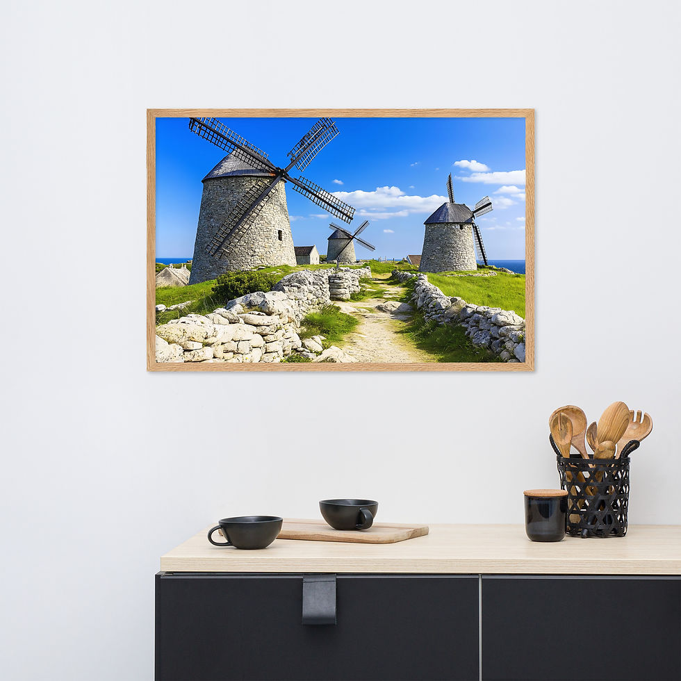 Framed image of windmills on a sunny day
