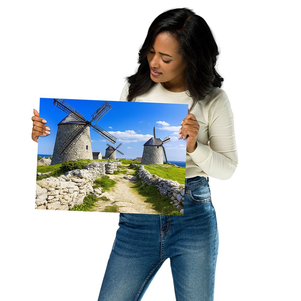 Woman holding a poster of windmills.