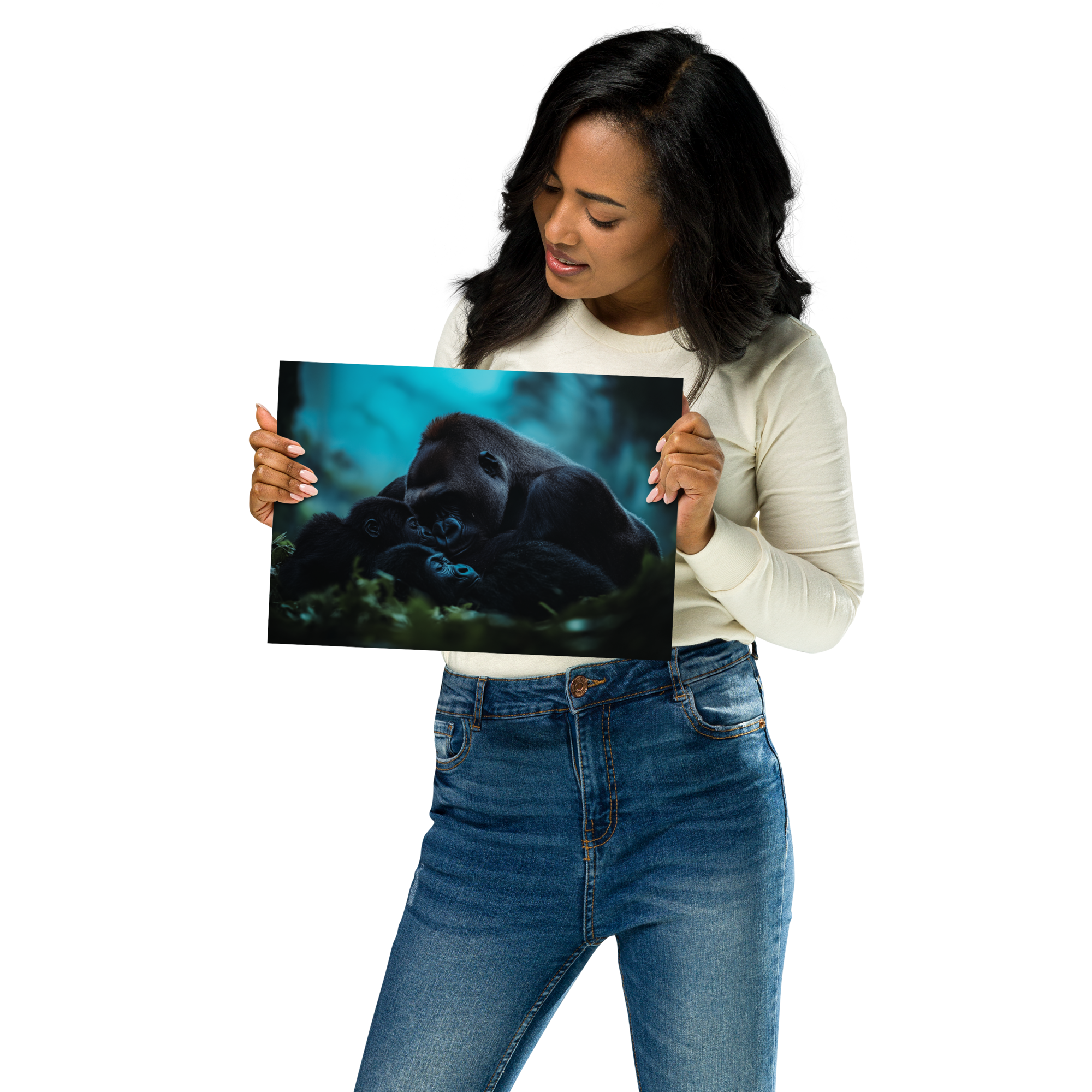 Woman holding Gorilla Family AI art poster by DesignByGade