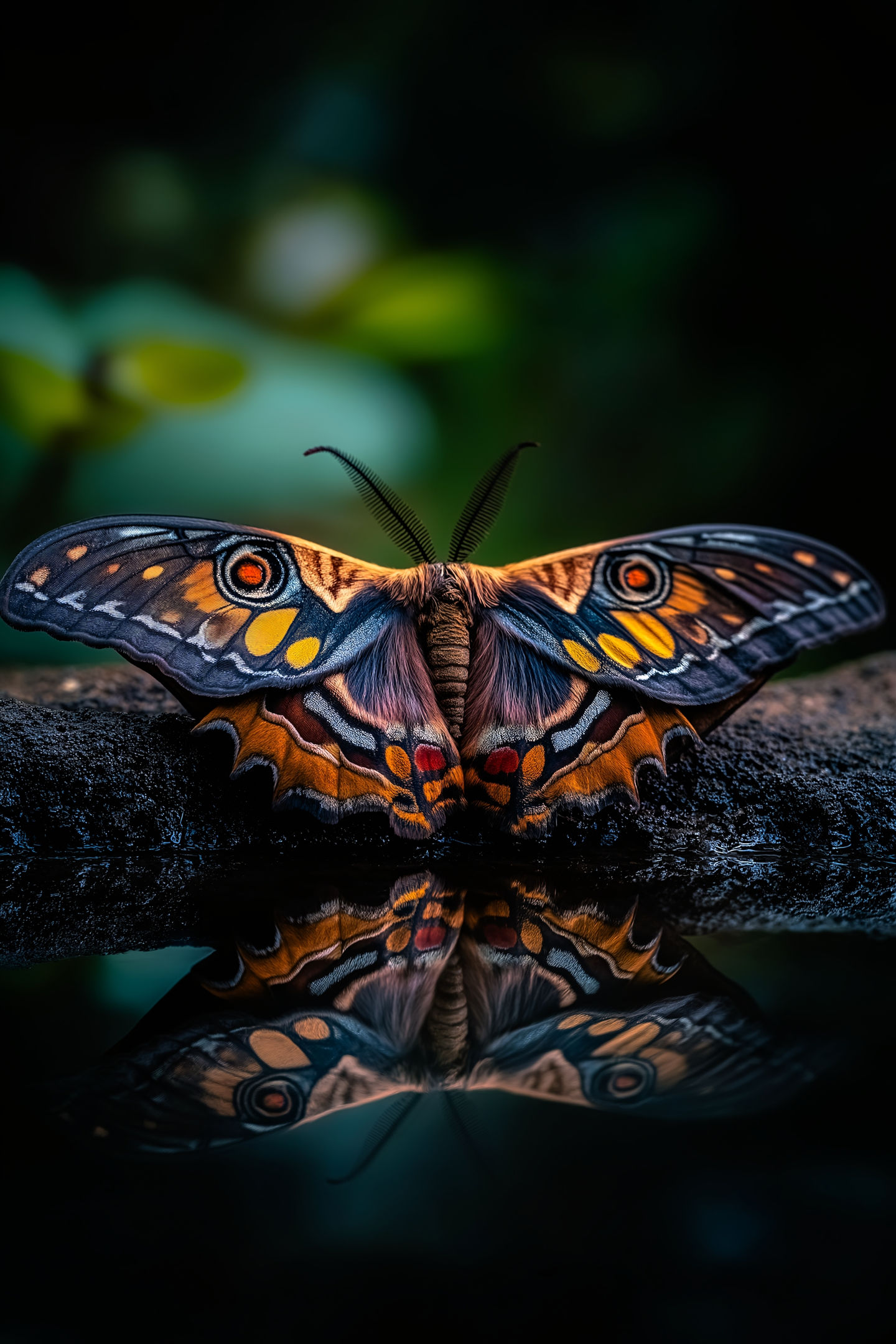 Vibrant moth with intricate wing patterns perched near still water, with a mirrored reflection. AI-generated image capturing natural beauty in a dark, lush setting.