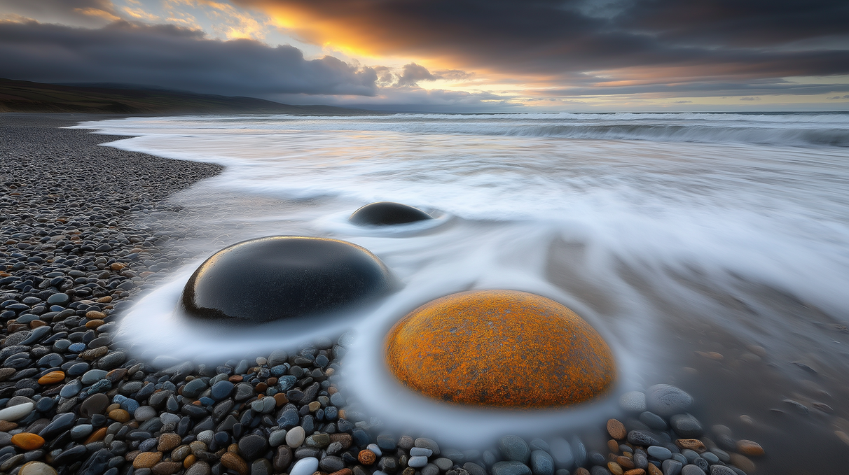 AI poster of smooth boulders on pebble beach at sunset, DesignByGade.