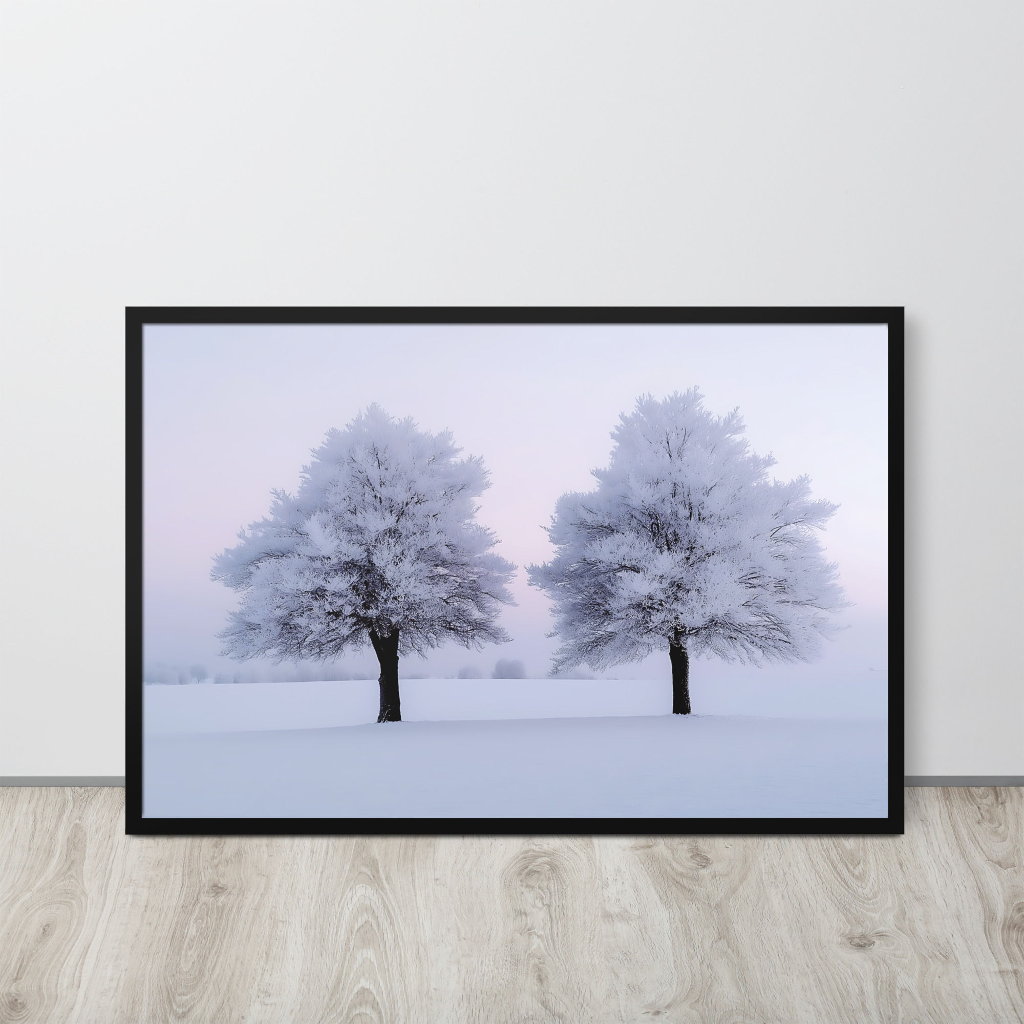Framed Pink Sunrise Winter Path – Frosty Morning AI Art Poster by DesignByGade