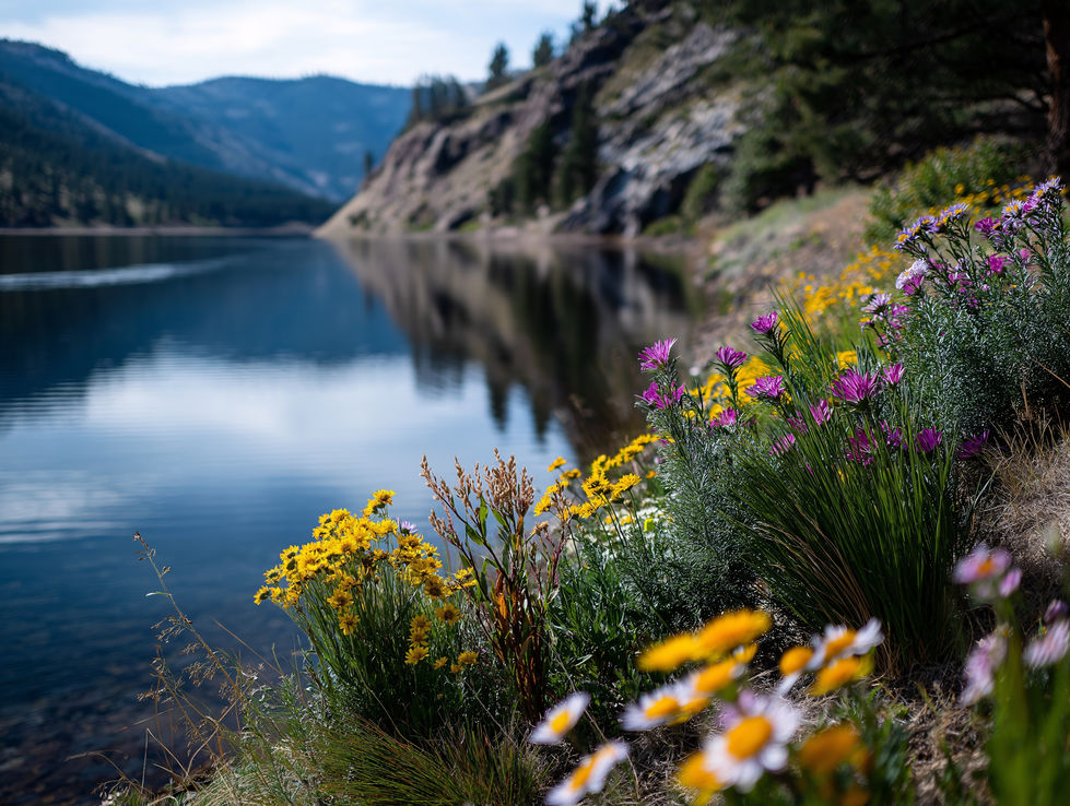 AI-generated image: Serene lake nestled between mountains with vibrant wildflowers.