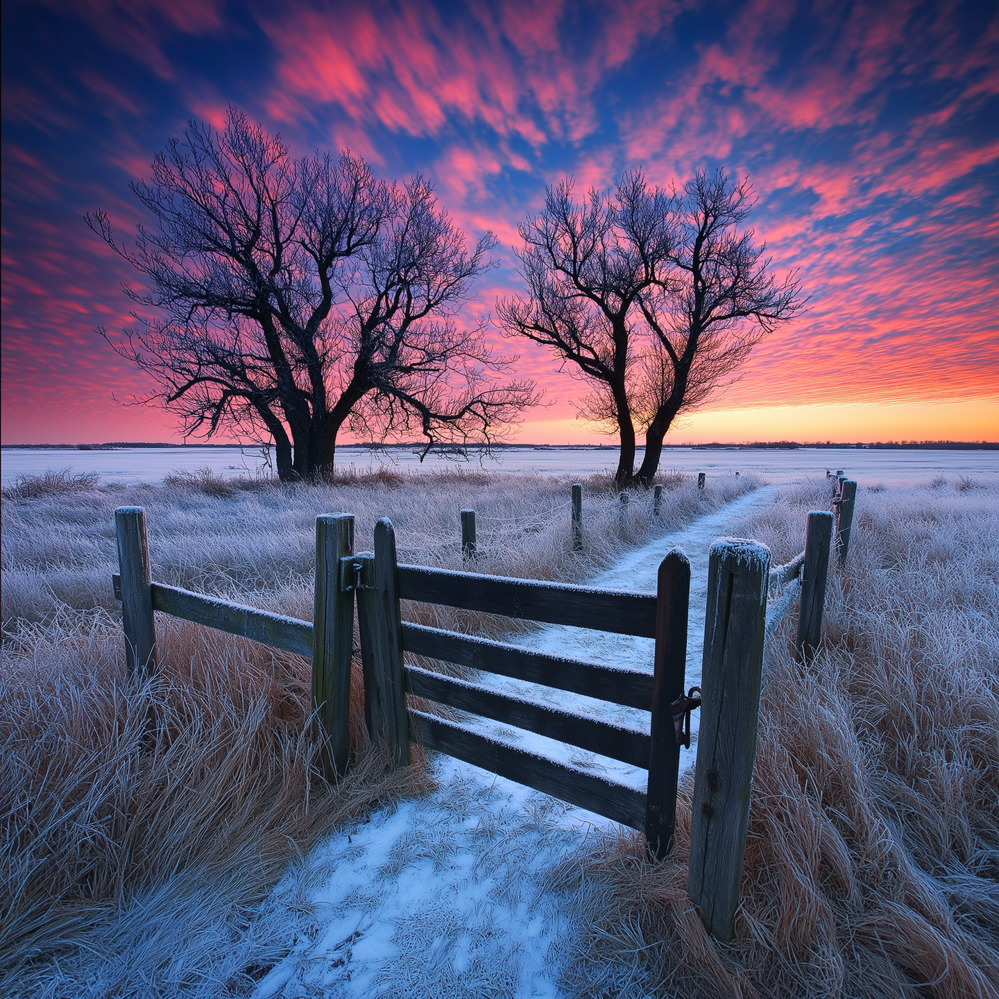 Winter sunset over an open field with a wooden fence and path leading to silhouetted trees against a colorful sky, frost covering the grass, AI-generated artwork.
