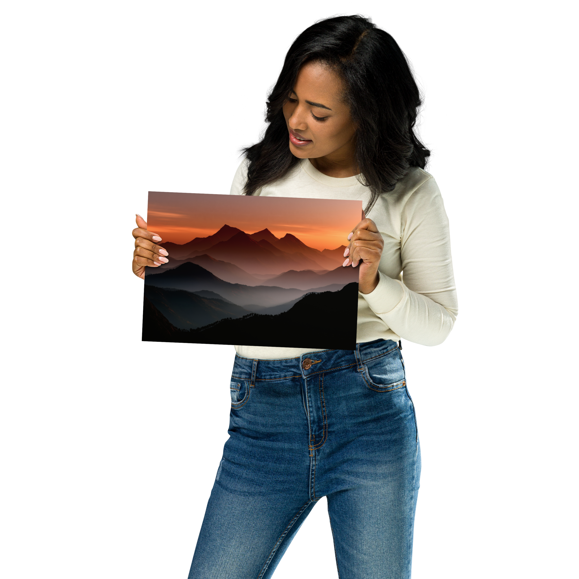 Woman holding a Dynamic Energy Streaks AI Art Poster of mountain landscape.