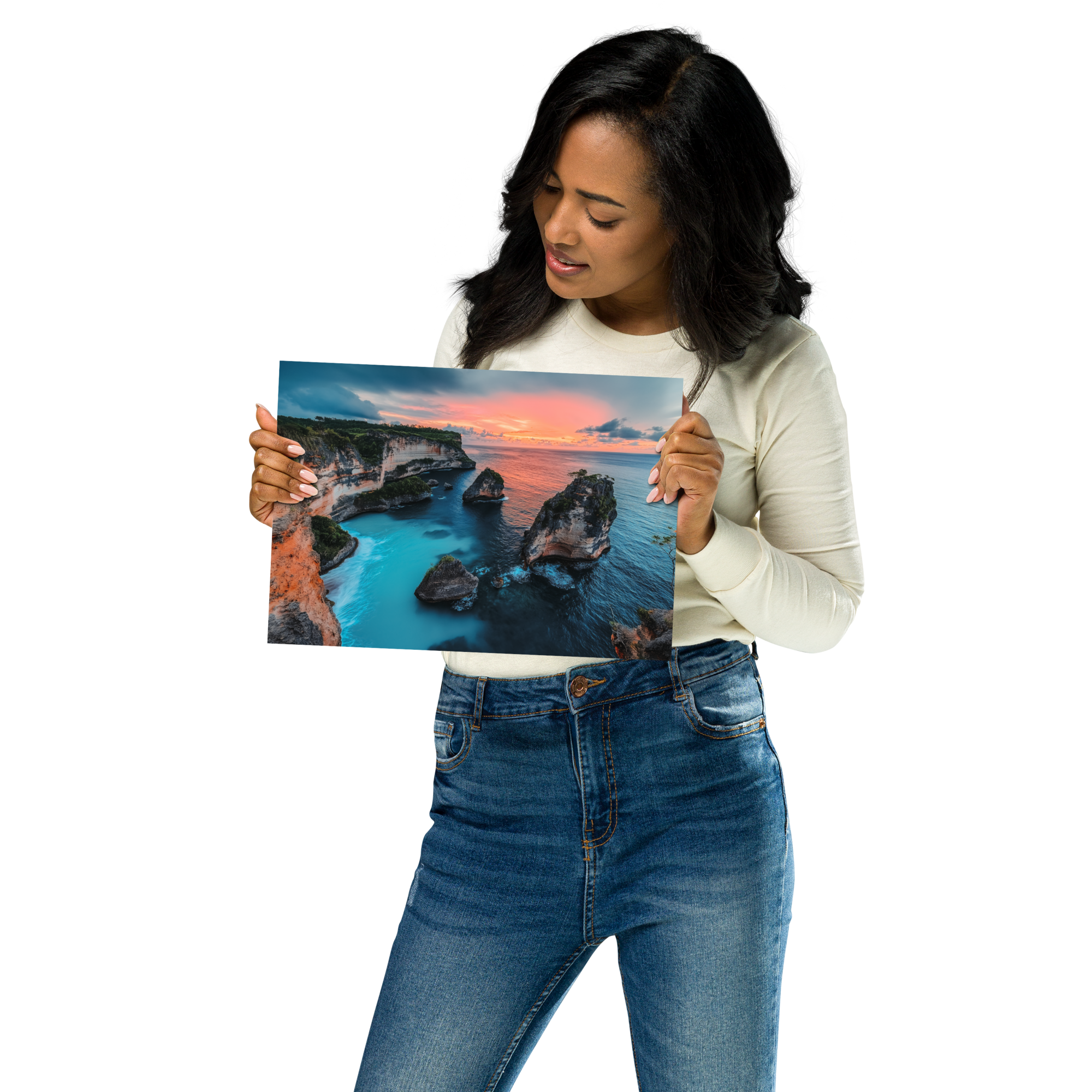 Woman holding a Framed Lavender Field at Sunset – Colorful Floral AI Art Poster, DesignByGade