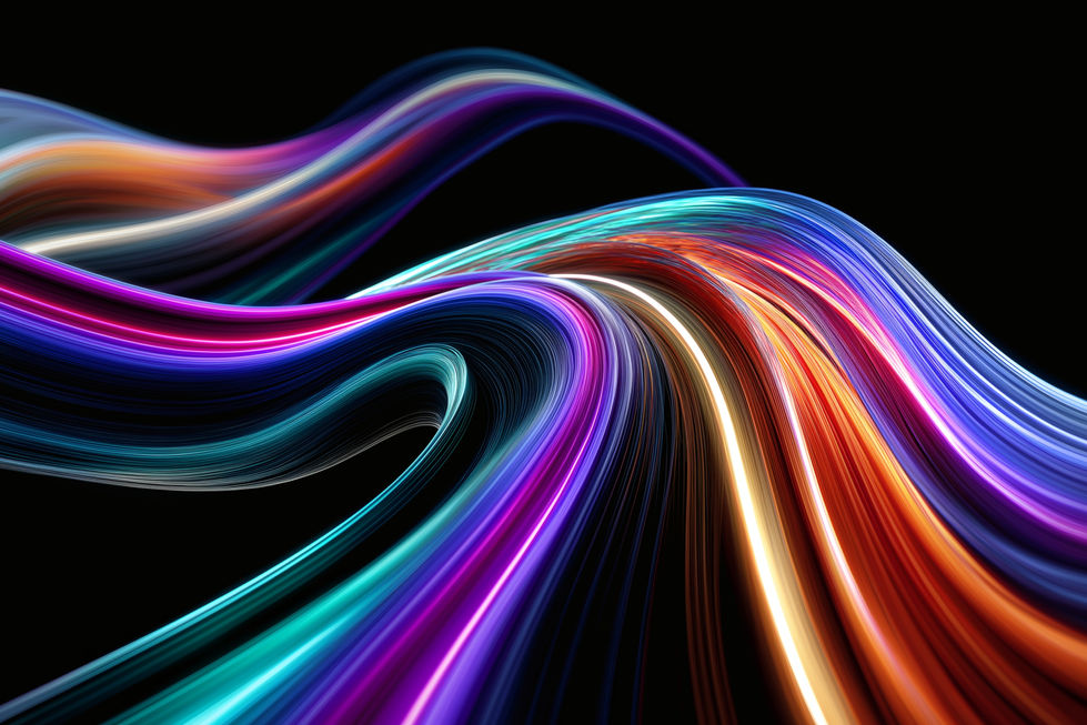An abstract AI-generated composition featuring a vibrant array of flowing, curving light streams across a dark backdrop, creating a dynamic and colorful effect.