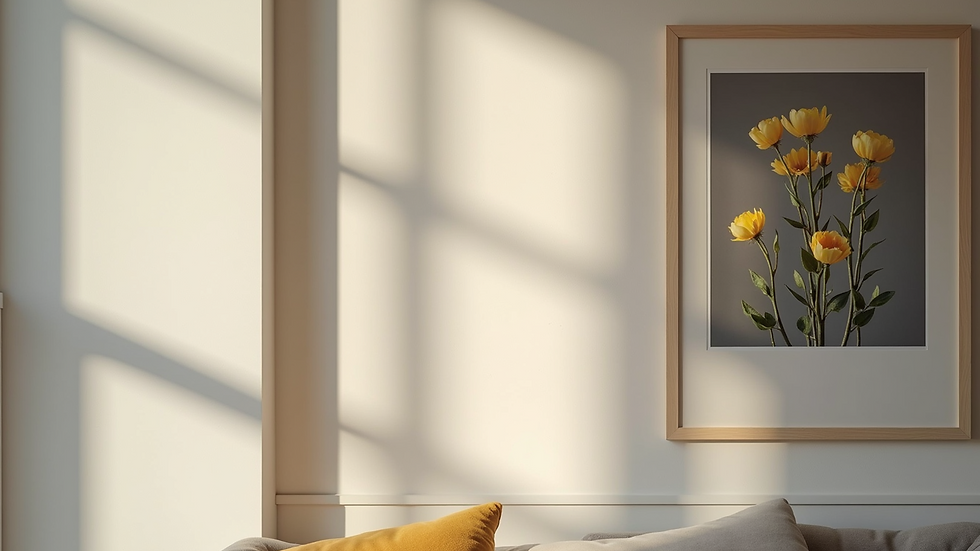 Close-up view of a calming AI art poster framed and displayed