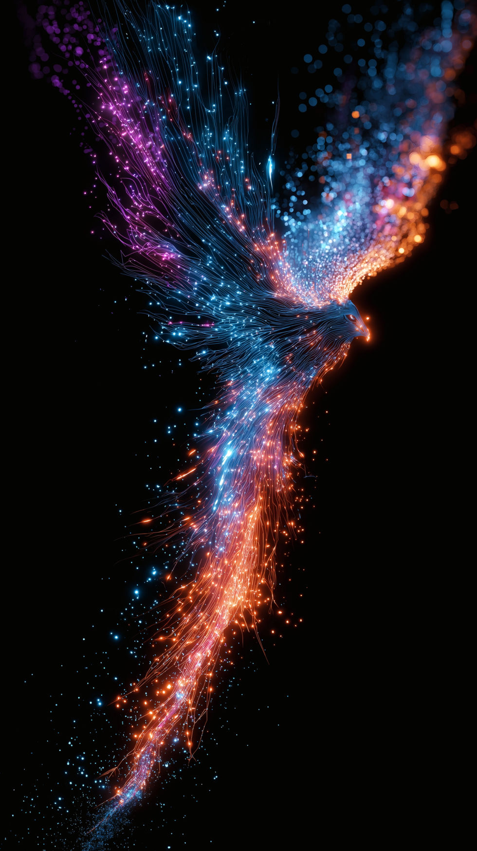 An AI-generated abstract image of a bird in flight, composed of glowing orange, blue, and violet lines and particles against a dark background.