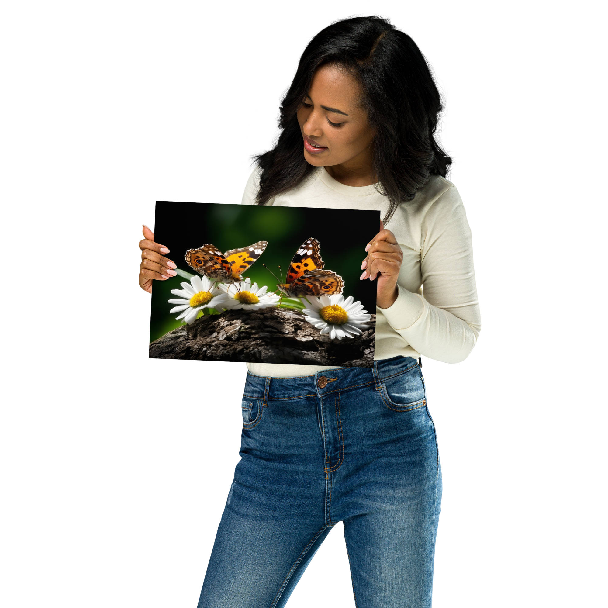 Woman holding a poster with butterflies and daisies