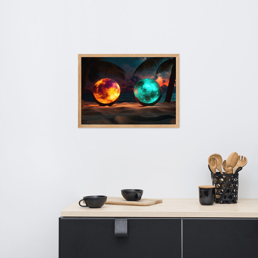 Thumbnail: Framed Aurora Forest art print with glowing orbs, DesignByGade.