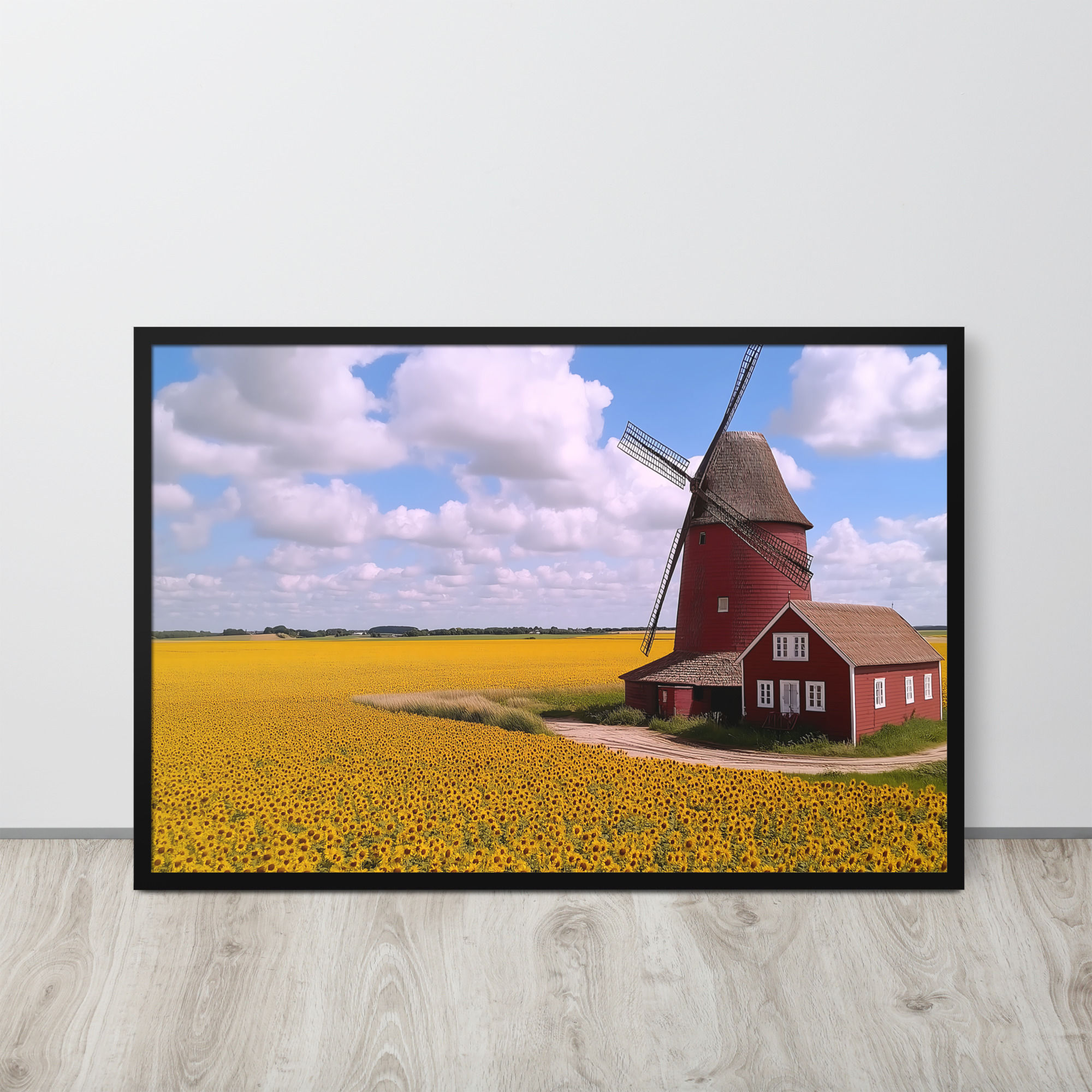 Red windmill in a field of sunflowers, framed poster by DesignByGade