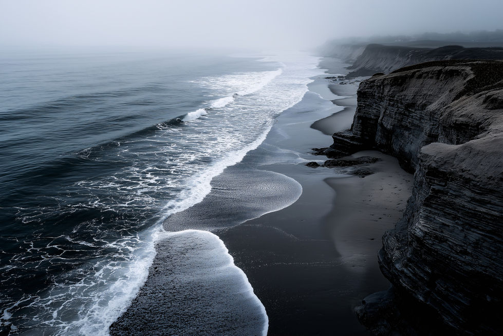 AI-generated image: Moody seascape with dramatic cliffs, gentle waves on the beach, under a hazy sky.
