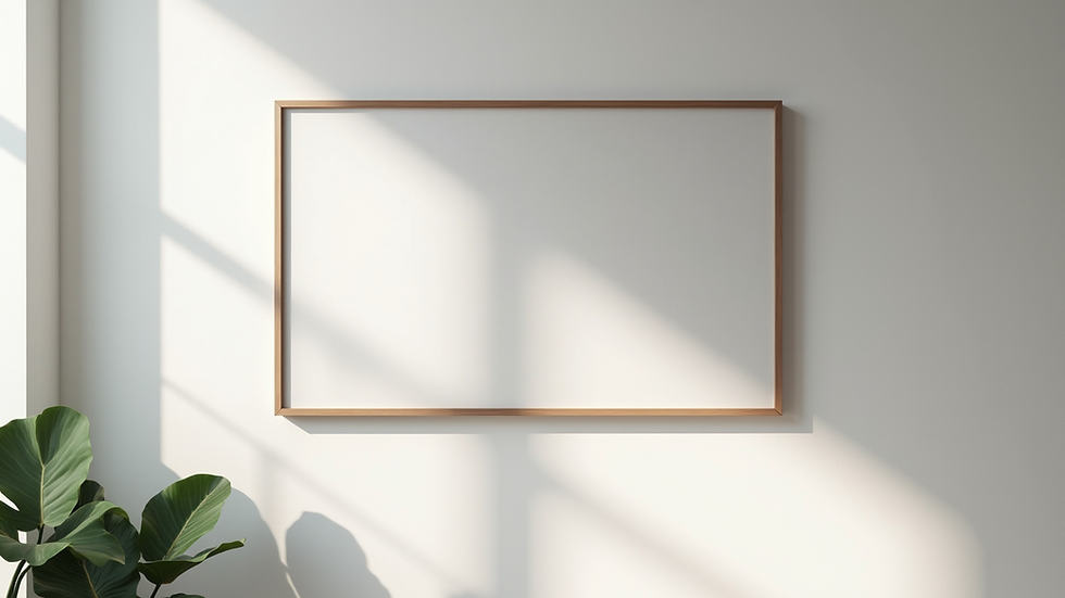 Close-up view of a framed AI-generated artwork hanging on a white wall
