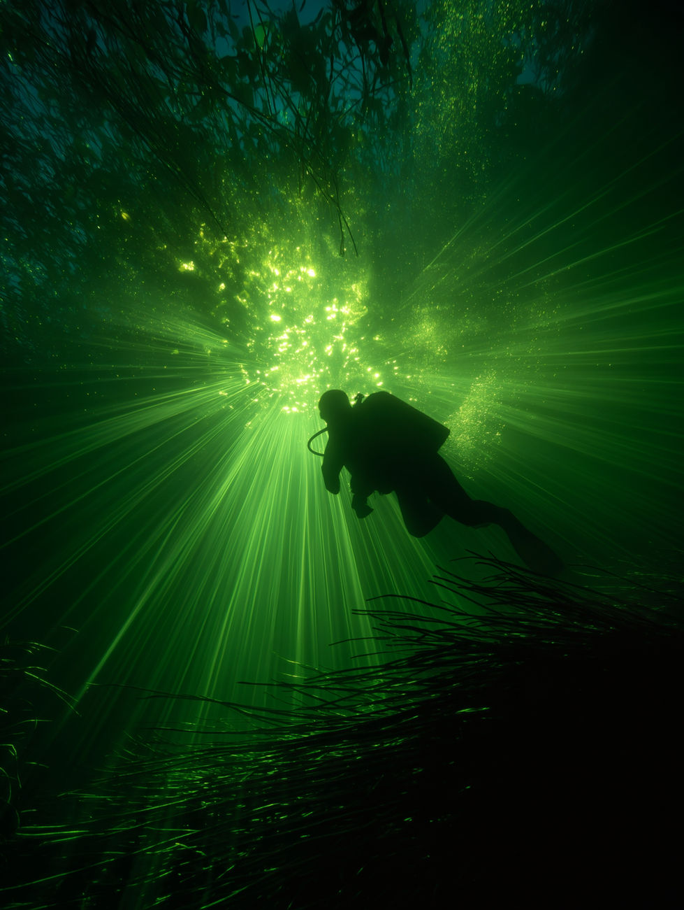 AI-generated art poster showing silhouetted diver swimming through green murky water with plants and roots.