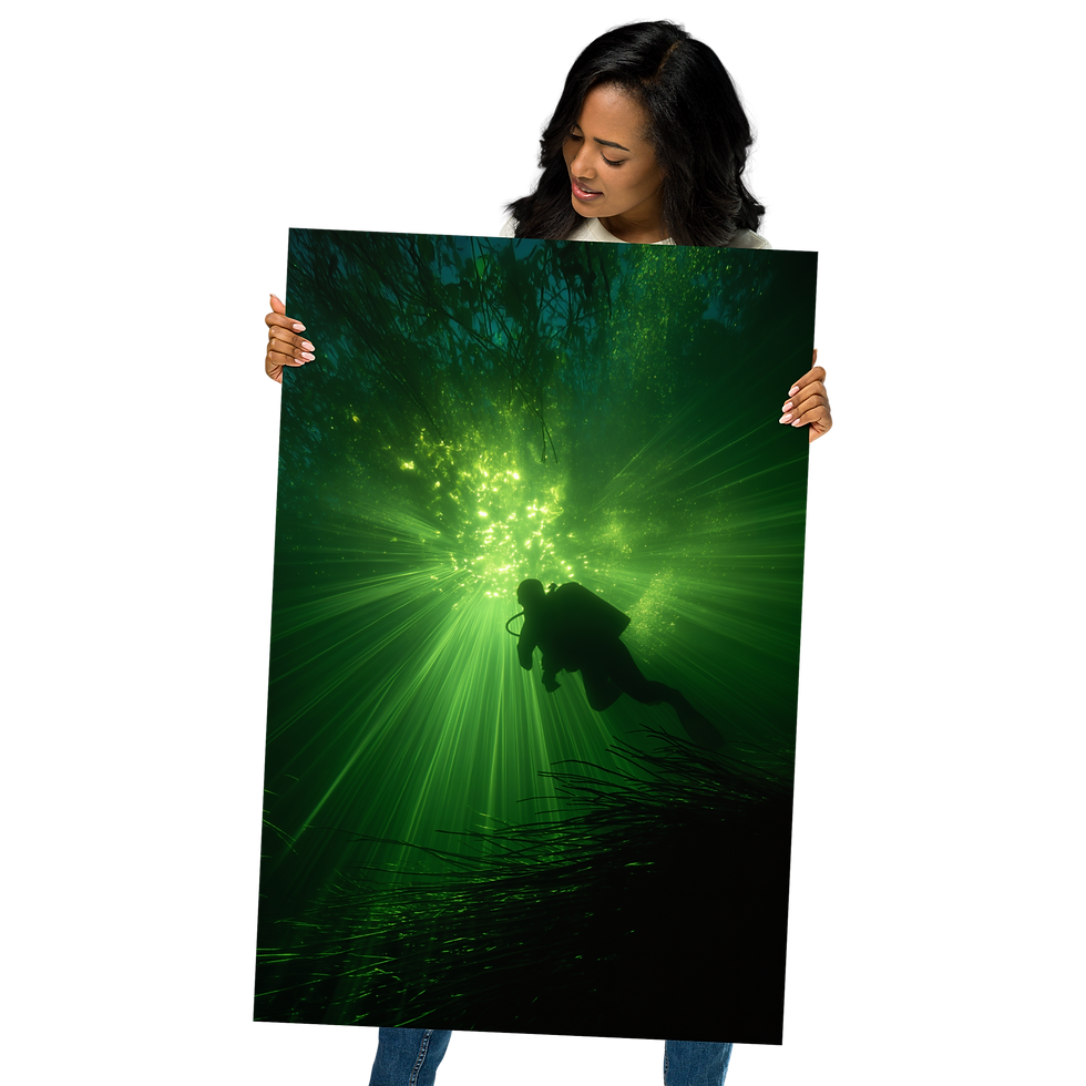 Thumbnail: Woman holding scuba diver poster, showcasing underwater scene with sunlight beams.