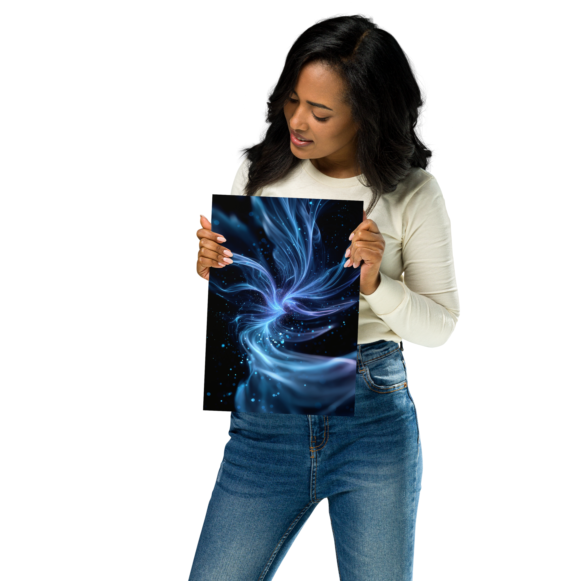 Woman holding a Dynamic Energy Streaks AI Art Poster from DesignByGade