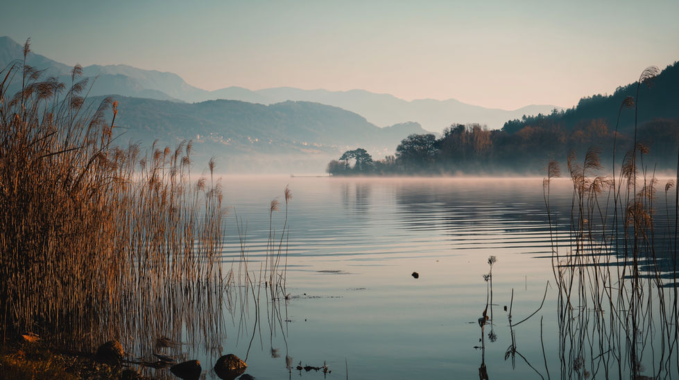 AI-generated image: Tranquil lake scene with reeds, layered mountains, and gentle mist.