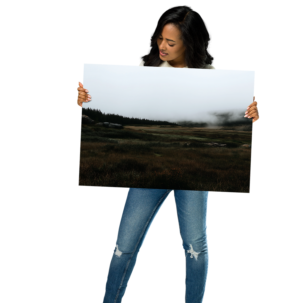 Thumbnail: Woman holding a "Framed Cosmic Shore – Space Beach Landscape AI Art Poster" by DesignByGade.