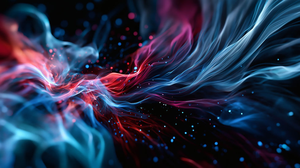 An abstract AI-generated background with flowing red and blue elements, creating a sense of energy and movement, with small particles adding depth and dimension.