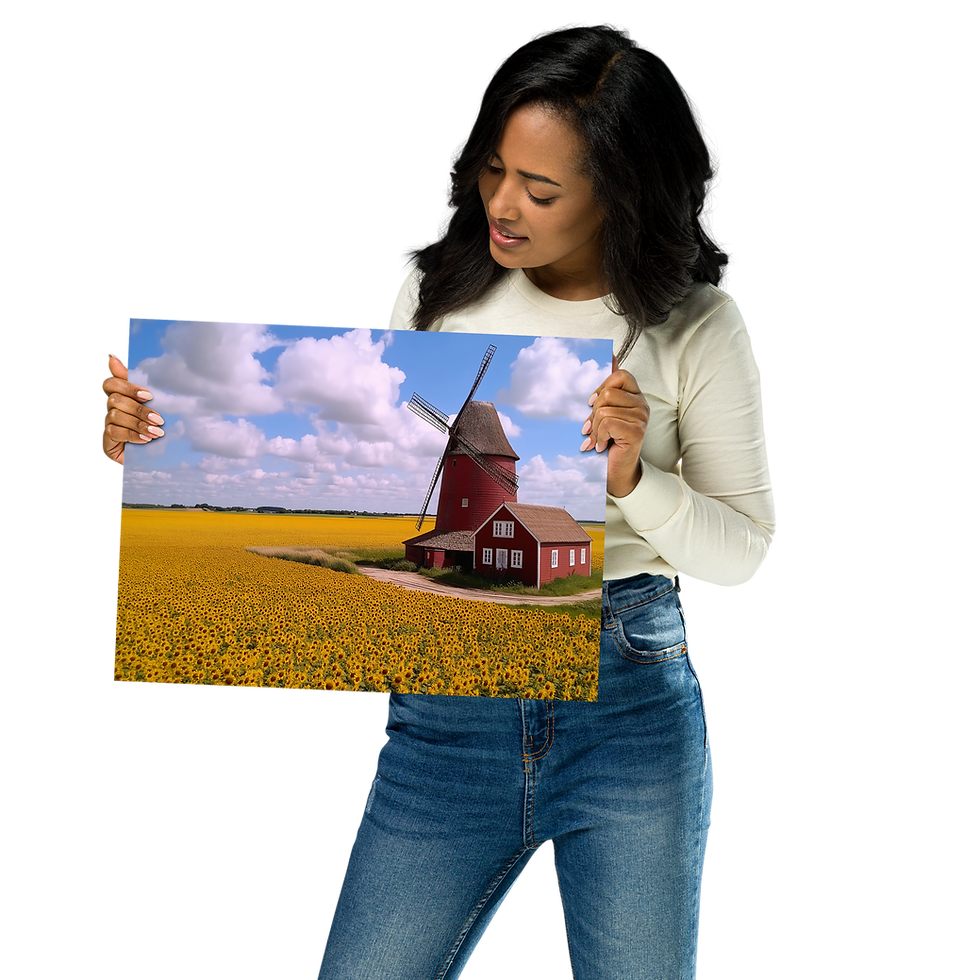 Woman holding a poster of a red windmill in a field of sunflowers for DesignByGade