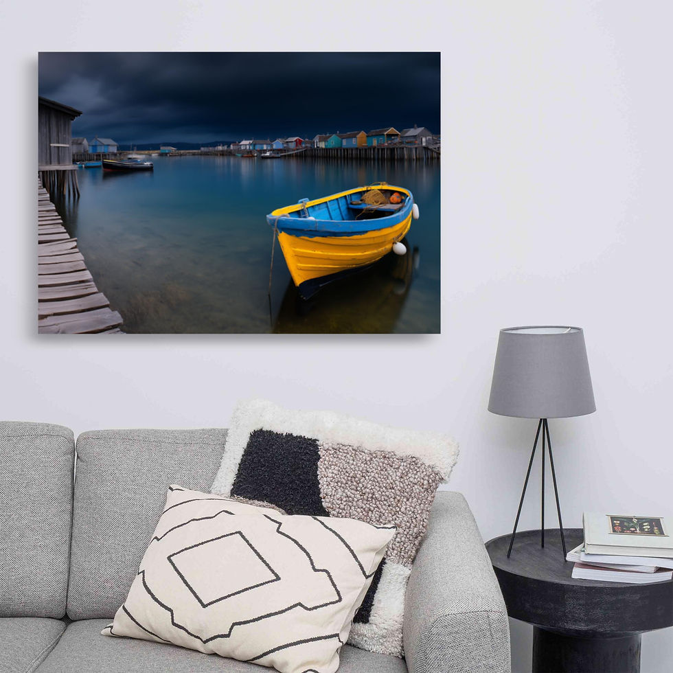 Thumbnail: Yellow boat on a lake; Framed Cosmic Shore – Space Beach Landscape AI Art Poster by DesignByGade
