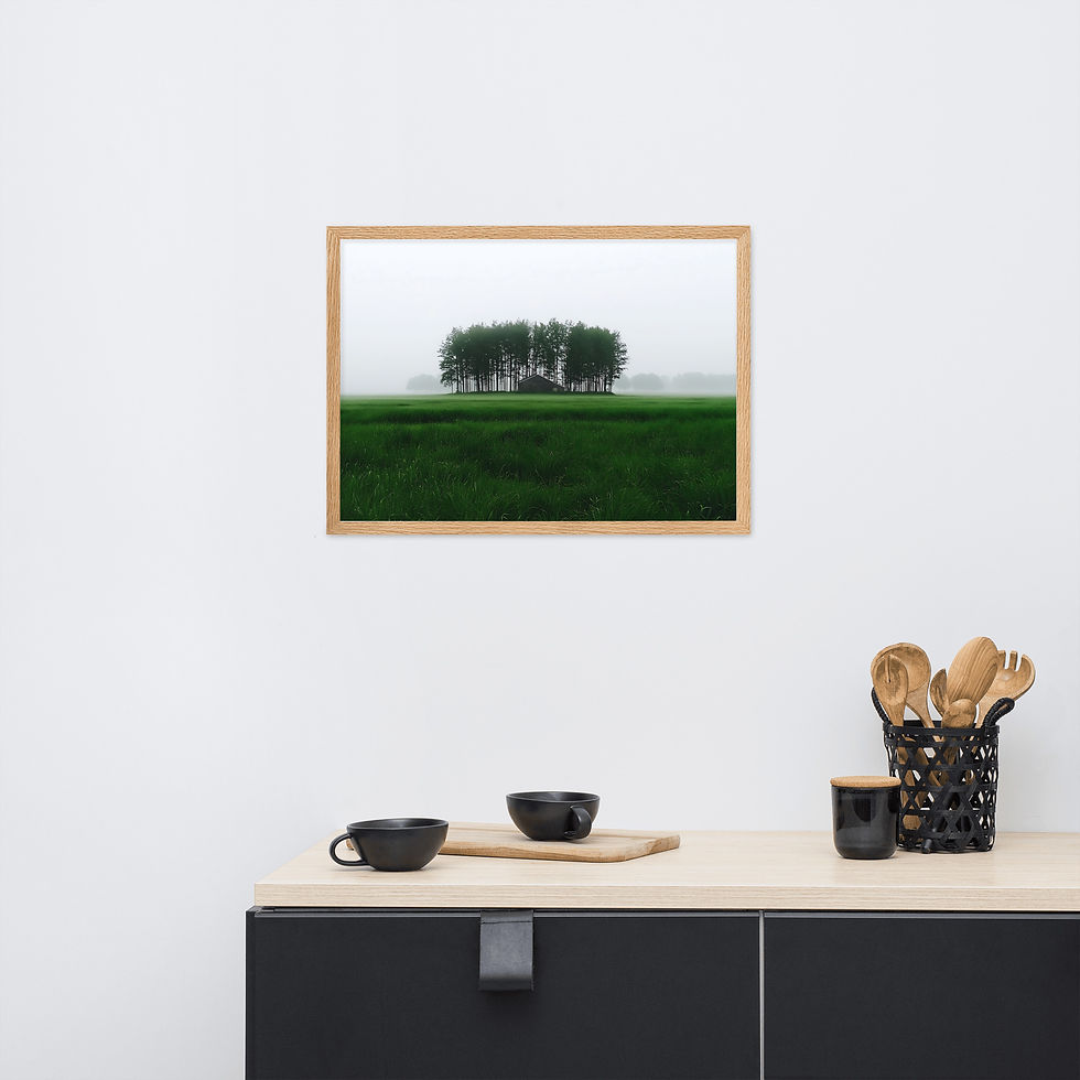 Thumbnail: Framed Solitary Barn in Foggy Field poster by DesignByGade